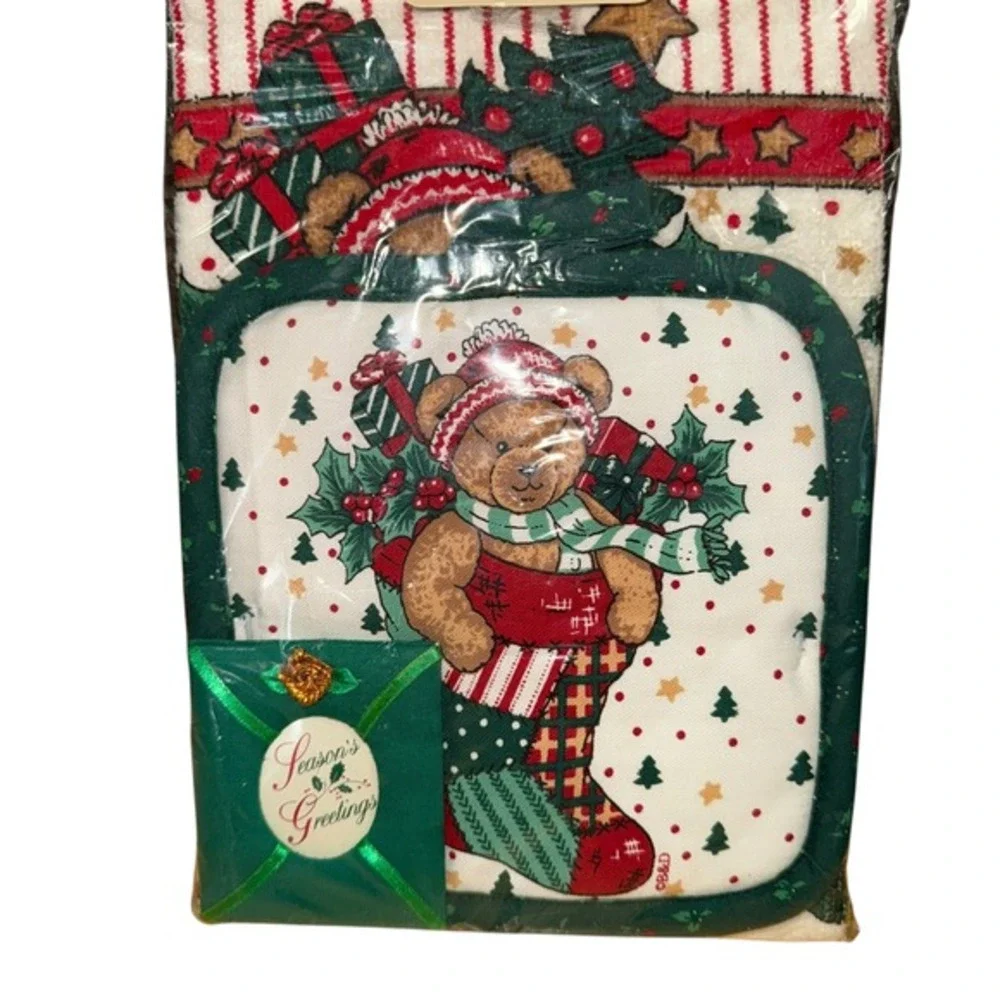 NEW Vtg. Ashley Taylor Christmas 5 Pc Gift Set‎ Kitchen Towel Pot Holder Magnet